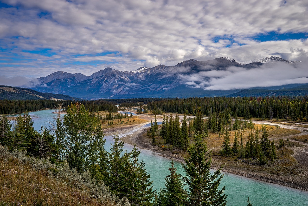 jasper national park, river, mountains